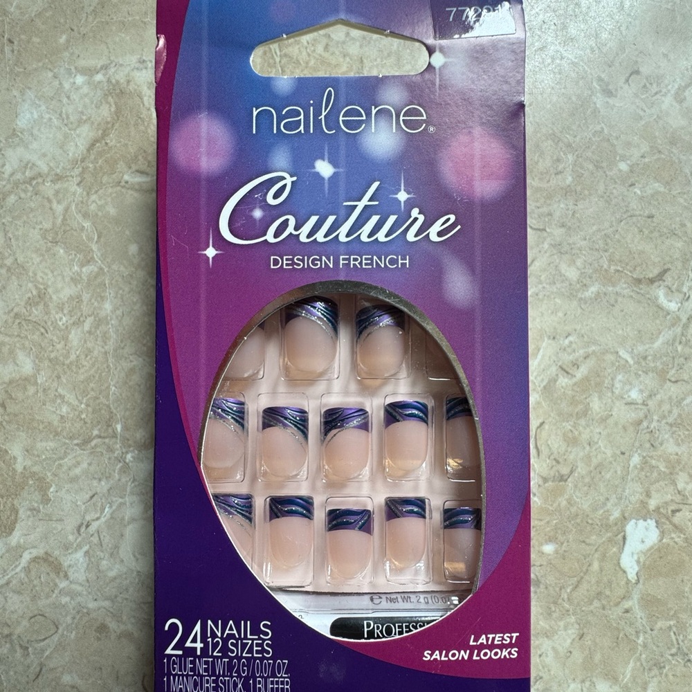 Nailene Couture Nails Kit Purple Tips Blue Metallic Silver Swirls New in Box